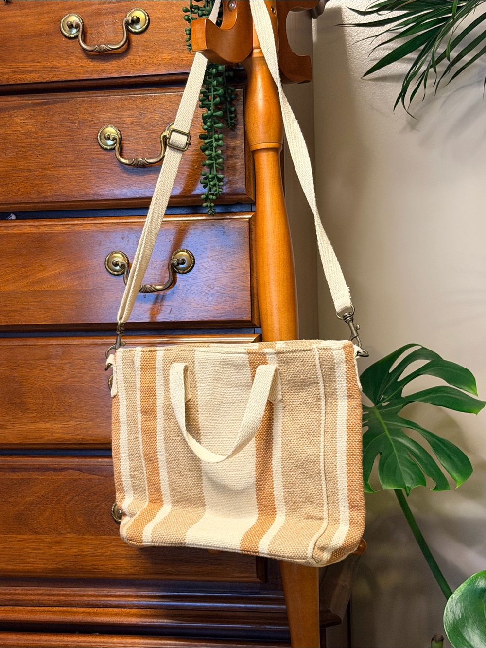 Universal Thread Cream & Tan Striped Canvas Shoulder Tote